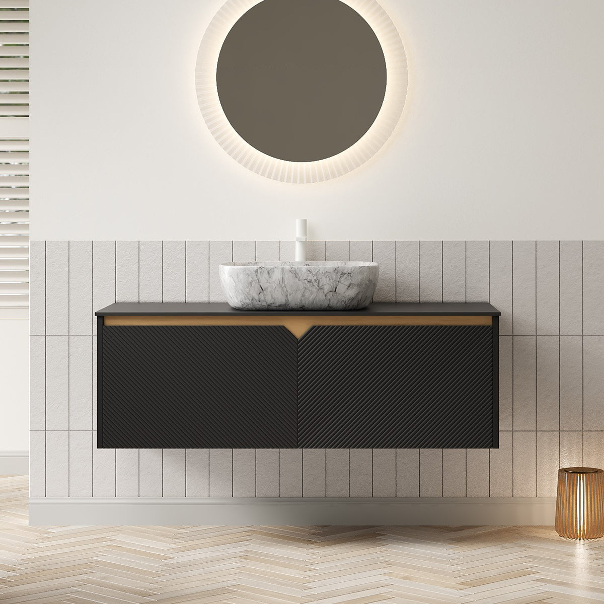 RUBEN 48" Bathroom Vanity&Sink, Wall-Mounted Floating Plywood Storage Cabinet, Twill Double Doors with Metal Trim, Marble Pattern Rectangle Ceramic Vessel Basin&Black Sintered Stone Top, Black