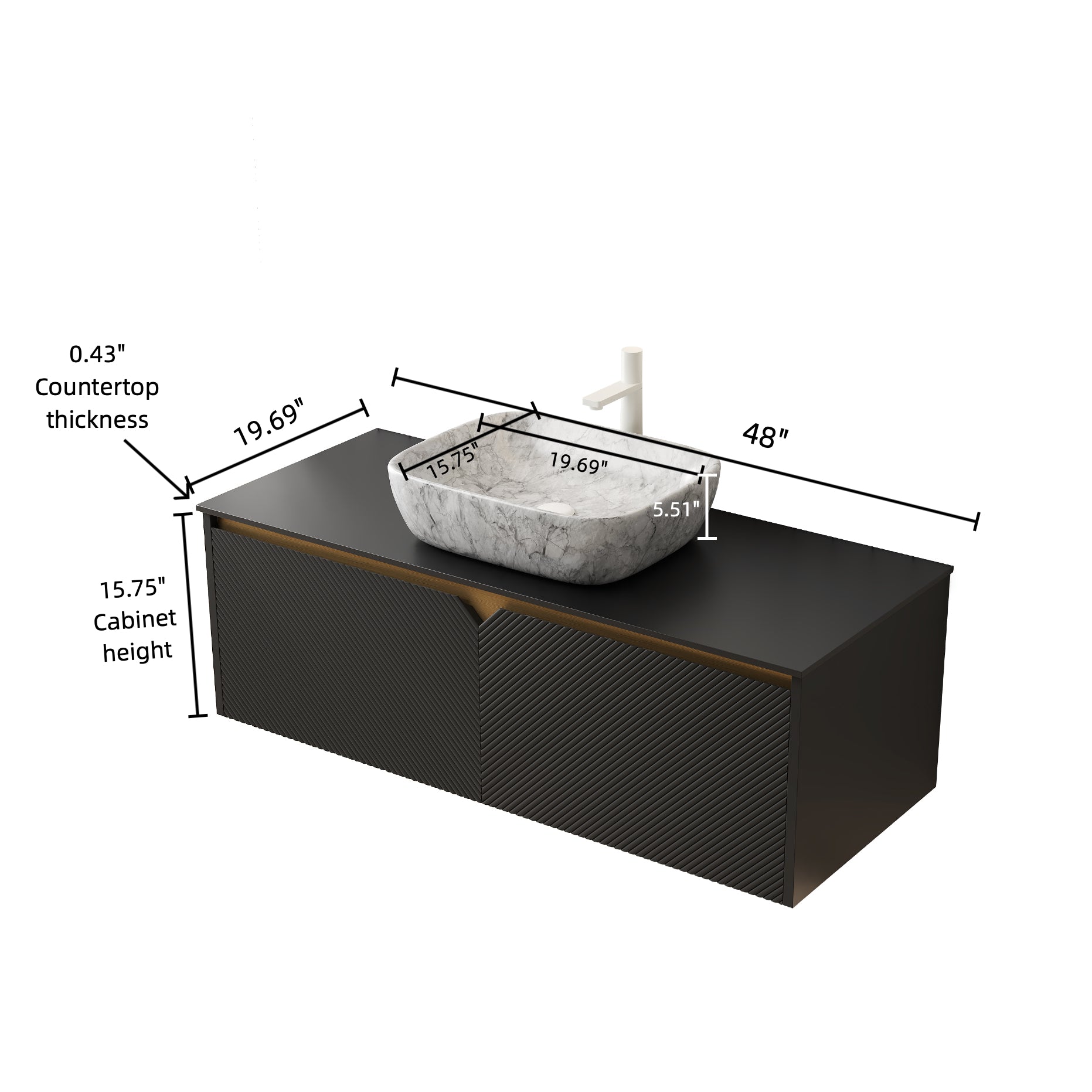 RUBEN 48" Bathroom Vanity&Sink, Wall-Mounted Floating Plywood Storage Cabinet, Twill Double Doors with Metal Trim, Marble Pattern Rectangle Ceramic Vessel Basin&Black Sintered Stone Top, Black