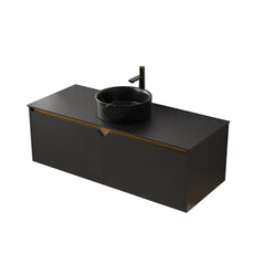 RUBEN 48" Bathroom Vanity&Sink, Wall-Mounted Floating Plywood Storage Cabinet, Twill Double Doors with Metal Trim, Black Round Ceramic Vessel Basin with Stone Pattern&Black Sintered Stone Top, Black