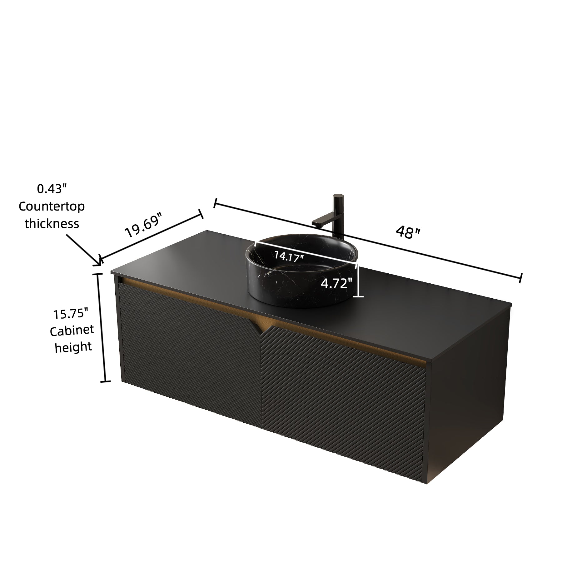 RUBEN 48" Bathroom Vanity&Sink, Wall-Mounted Floating Plywood Storage Cabinet, Twill Double Doors with Metal Trim, Black Round Ceramic Vessel Basin with Stone Pattern&Black Sintered Stone Top, Black