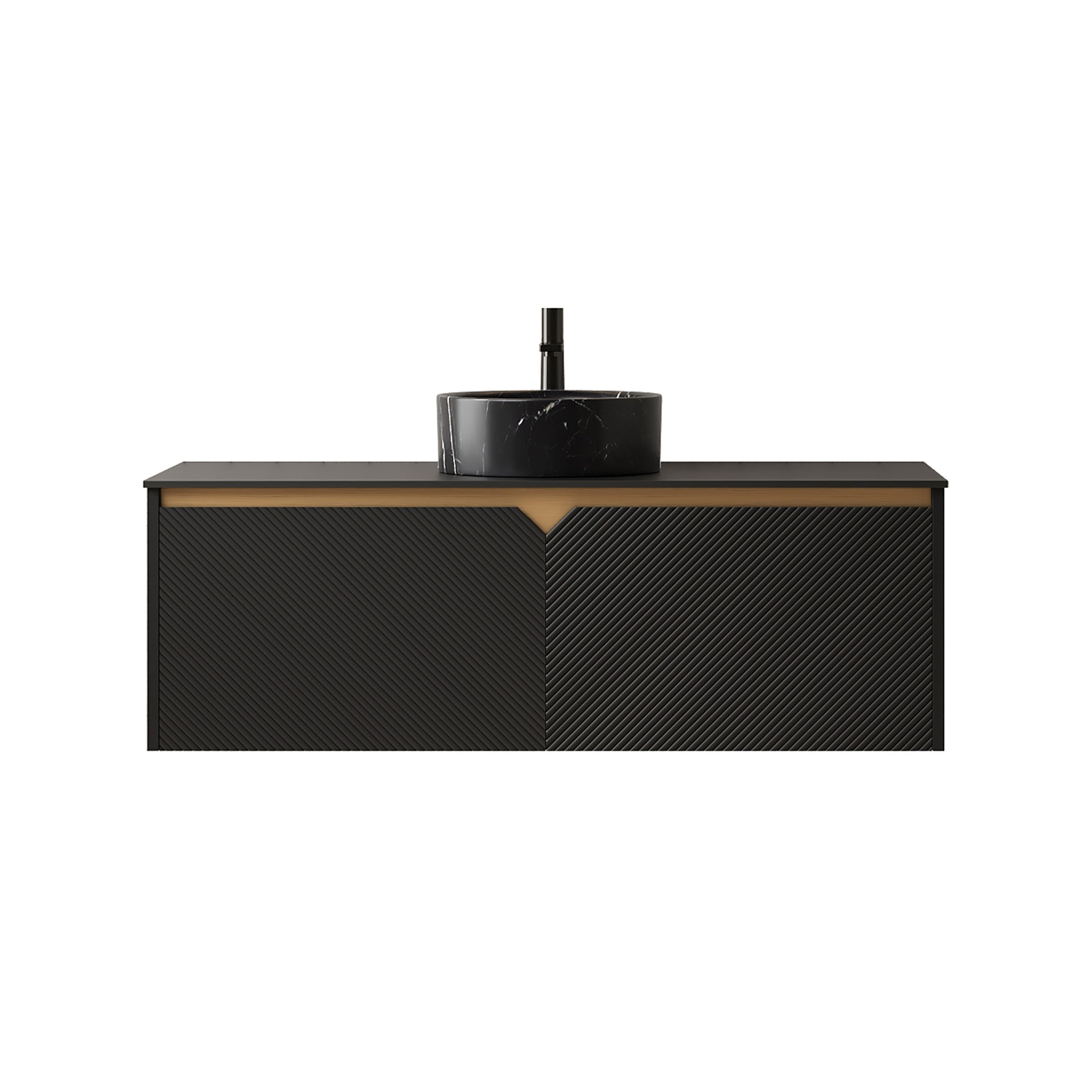 RUBEN 48" Bathroom Vanity&Sink, Wall-Mounted Floating Plywood Storage Cabinet, Twill Double Doors with Metal Trim, Black Round Ceramic Vessel Basin with Stone Pattern&Black Sintered Stone Top, Black