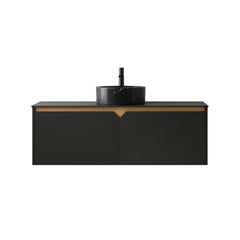 RUBEN 48" Bathroom Vanity&Sink, Wall-Mounted Floating Plywood Storage Cabinet, Twill Double Doors with Metal Trim, Black Round Ceramic Vessel Basin with Stone Pattern&Black Sintered Stone Top, Black