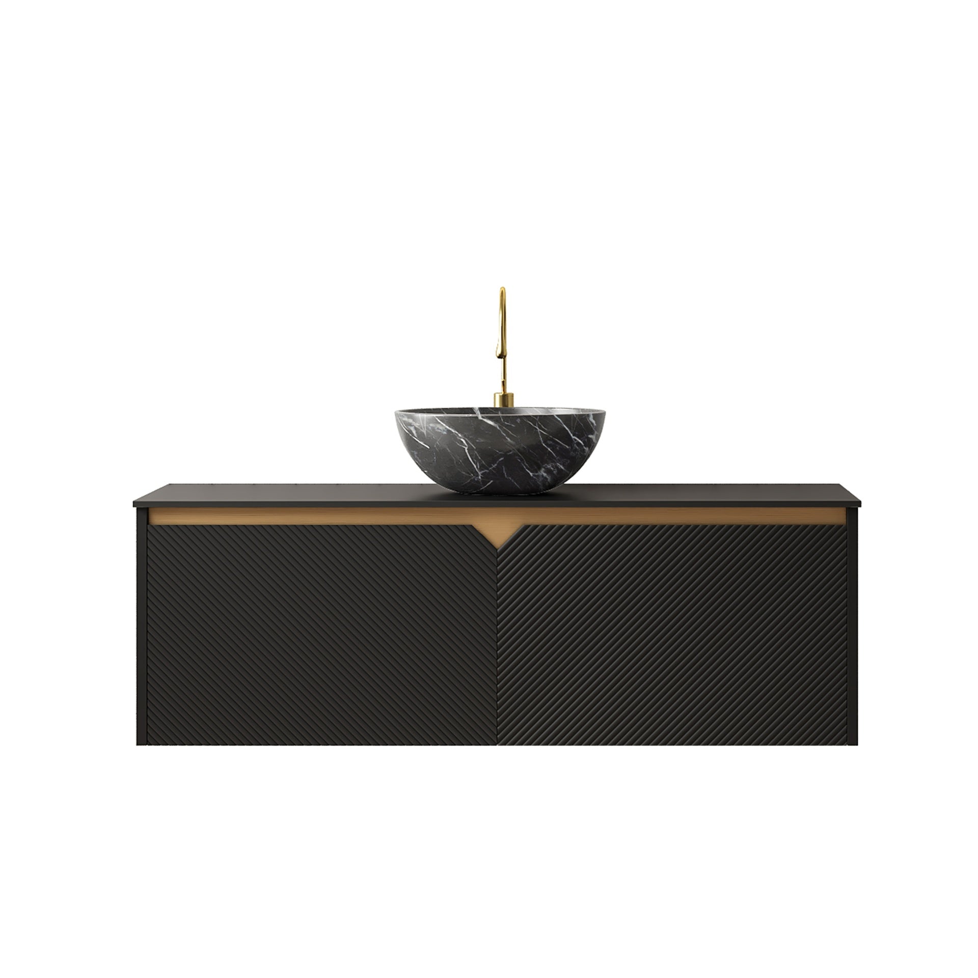 RUBEN 48" Bathroom Vanity&Sink, Wall-Mounted Floating Plywood Storage Cabinet, Twill Double Doors with Metal Trim, Black Bowl Ceramic Vessel Basin with Stone Pattern&Black Sintered Stone Top, Black