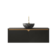 RUBEN 48" Bathroom Vanity&Sink, Wall-Mounted Floating Plywood Storage Cabinet, Twill Double Doors with Metal Trim, Black Bowl Ceramic Vessel Basin with Stone Pattern&Black Sintered Stone Top, Black