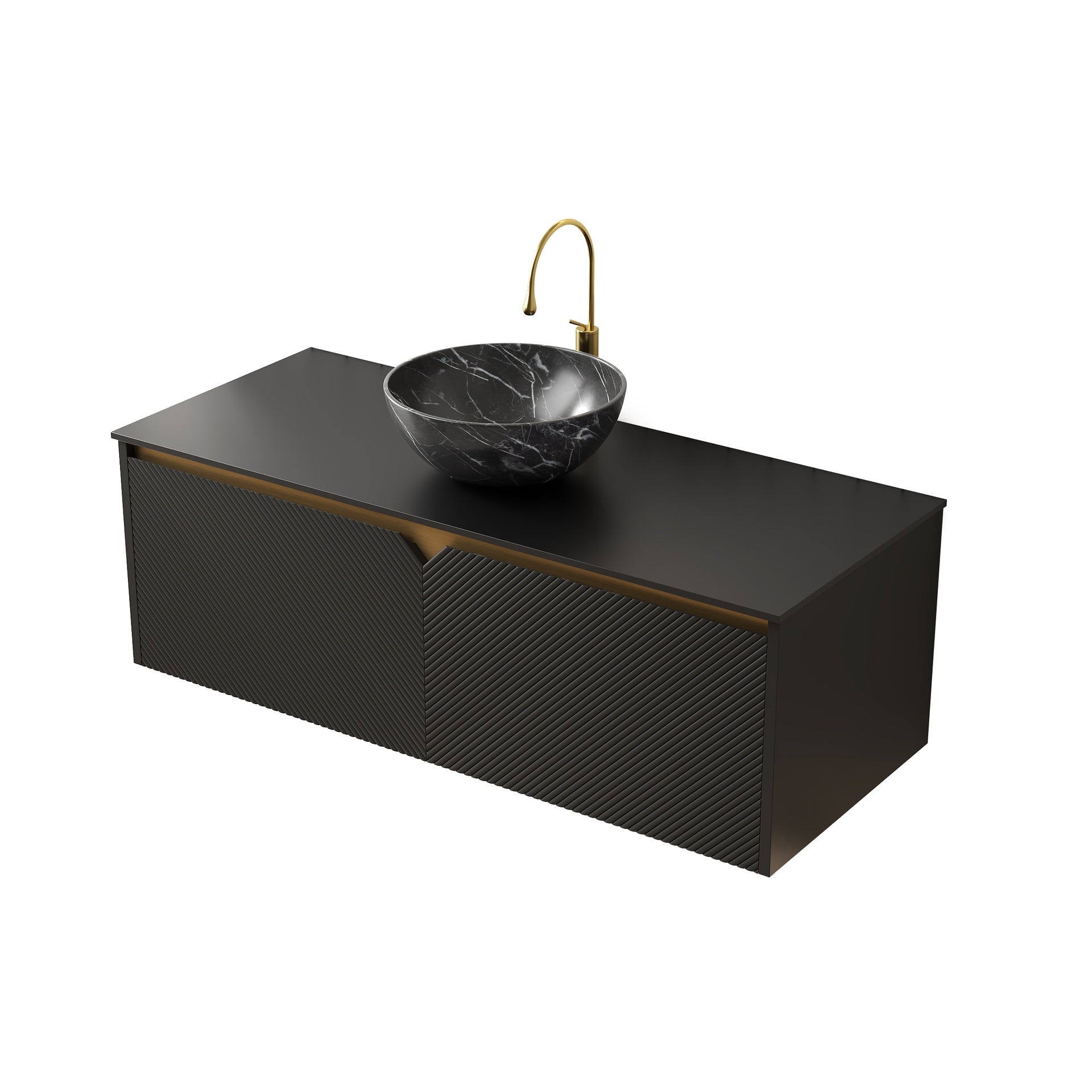 RUBEN 48" Bathroom Vanity&Sink, Wall-Mounted Floating Plywood Storage Cabinet, Twill Double Doors with Metal Trim, Black Bowl Ceramic Vessel Basin with Stone Pattern&Black Sintered Stone Top, Black