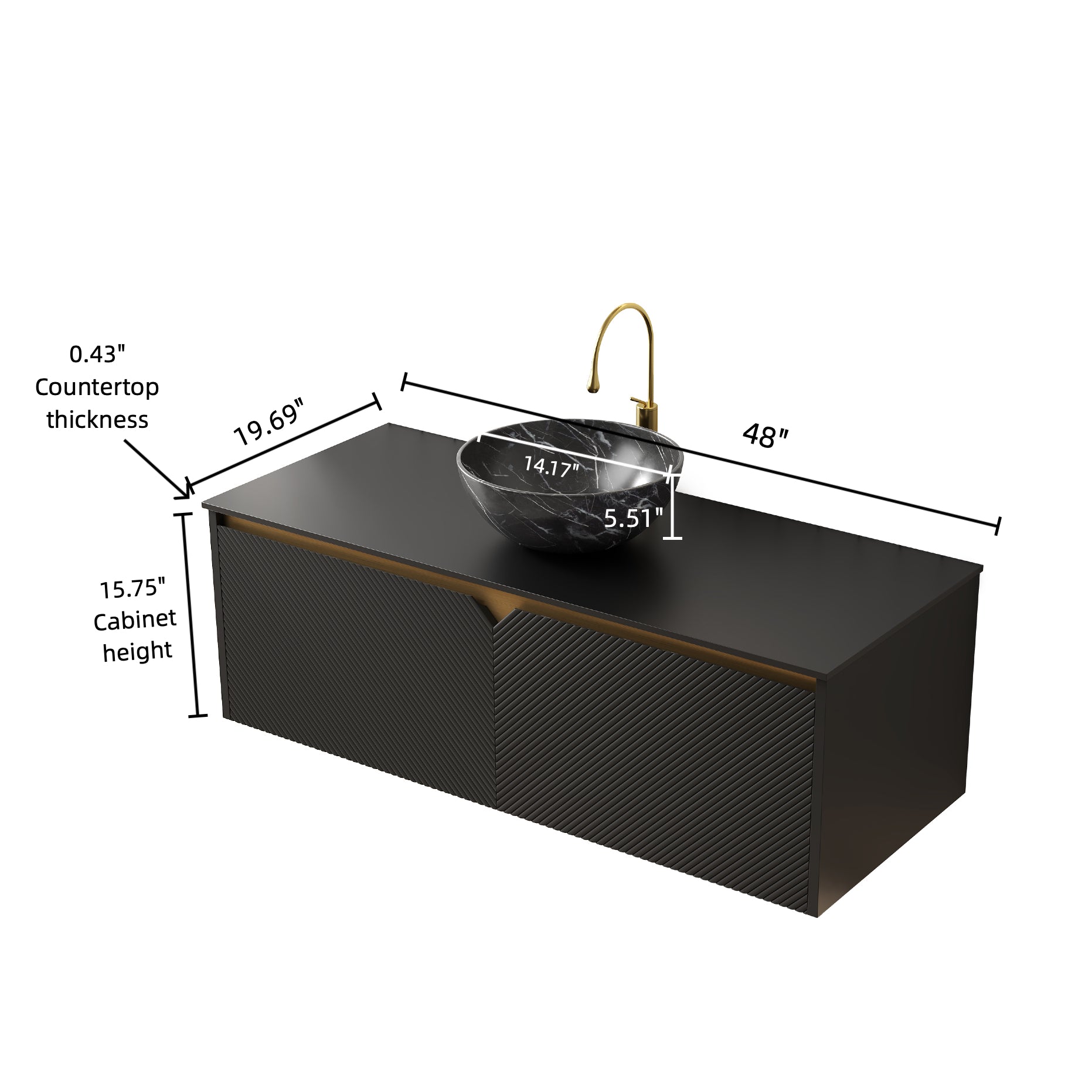 RUBEN 48" Bathroom Vanity&Sink, Wall-Mounted Floating Plywood Storage Cabinet, Twill Double Doors with Metal Trim, Black Bowl Ceramic Vessel Basin with Stone Pattern&Black Sintered Stone Top, Black