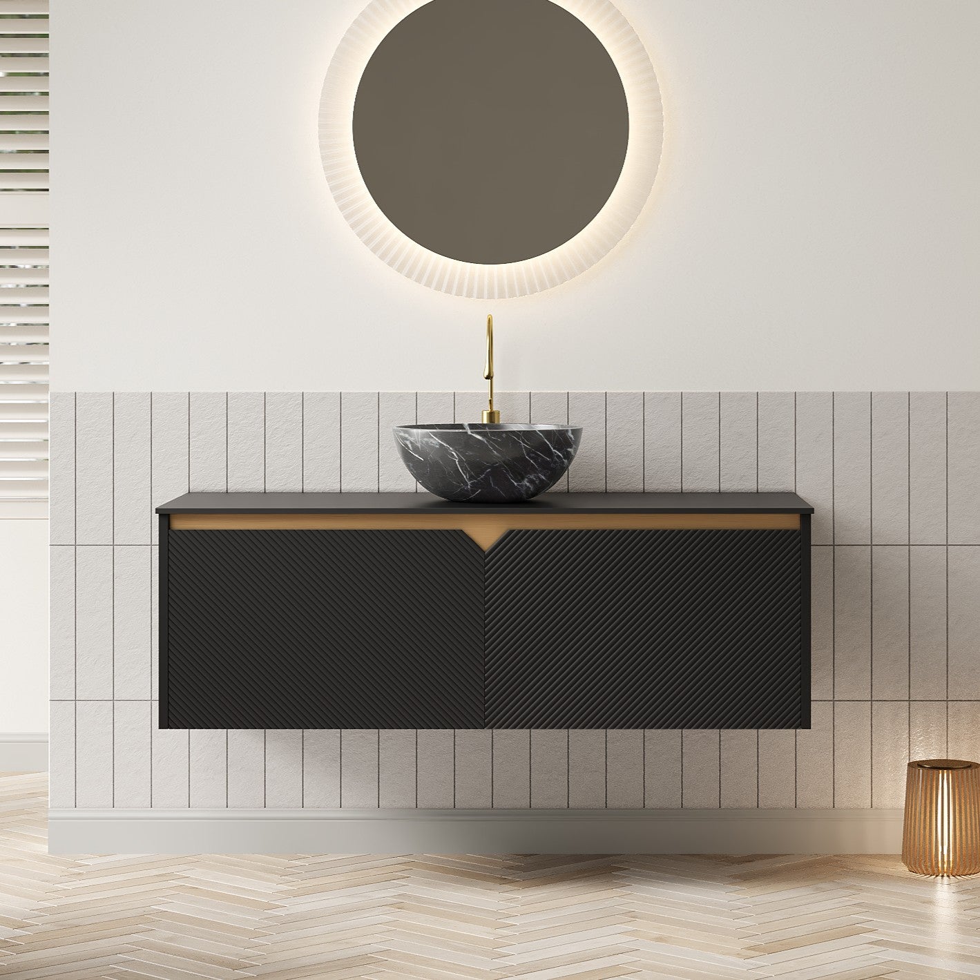 RUBEN 48" Bathroom Vanity&Sink, Wall-Mounted Floating Plywood Storage Cabinet, Twill Double Doors with Metal Trim, Black Bowl Ceramic Vessel Basin with Stone Pattern&Black Sintered Stone Top, Black