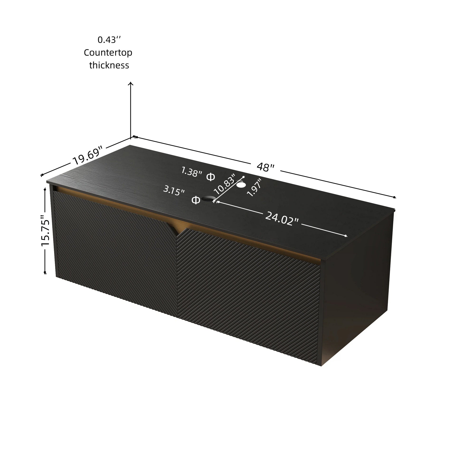 RUBEN 48" Wall-Mounted Black Plywood Cabinet and Black Sintered Stone Countertop, NO Basin, NO Faucet and Sink Cover