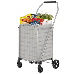 Shopping Cart with Shelf,Grocery Cart on Wheels, Foldable Utility Shopping Carts with Double Basket and 360° Rolling Swivel Wheels for Groceries Laundry,Grey