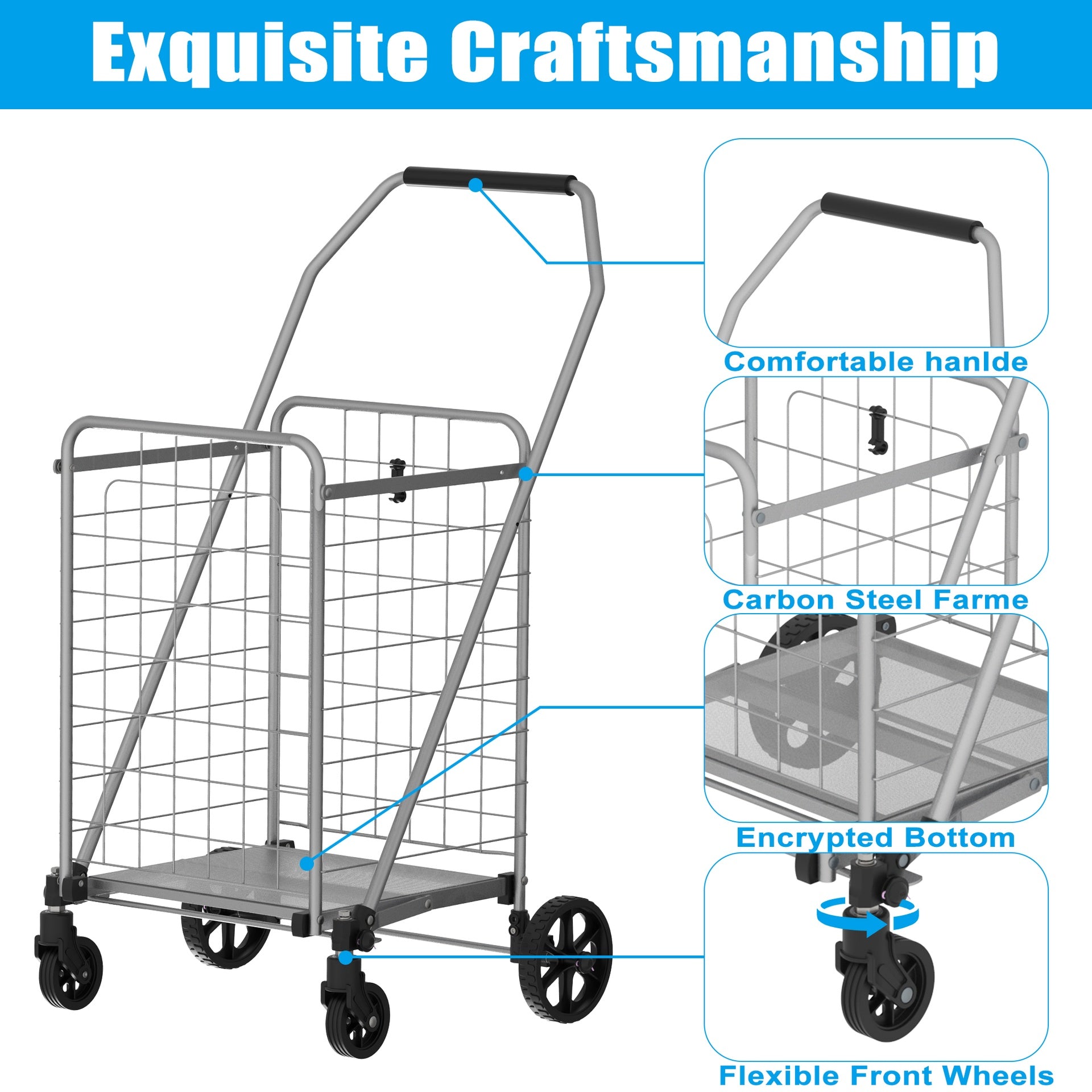 Shopping Cart with Shelf,Grocery Cart on Wheels, Foldable Utility Shopping Carts with Double Basket and 360° Rolling Swivel Wheels for Groceries Laundry,Grey
