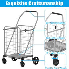 Shopping Cart with Shelf,Grocery Cart on Wheels, Foldable Utility Shopping Carts with Double Basket and 360° Rolling Swivel Wheels for Groceries Laundry,Grey