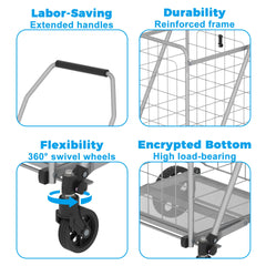 Shopping Cart with Shelf,Grocery Cart on Wheels, Foldable Utility Shopping Carts with Double Basket and 360° Rolling Swivel Wheels for Groceries Laundry,Grey