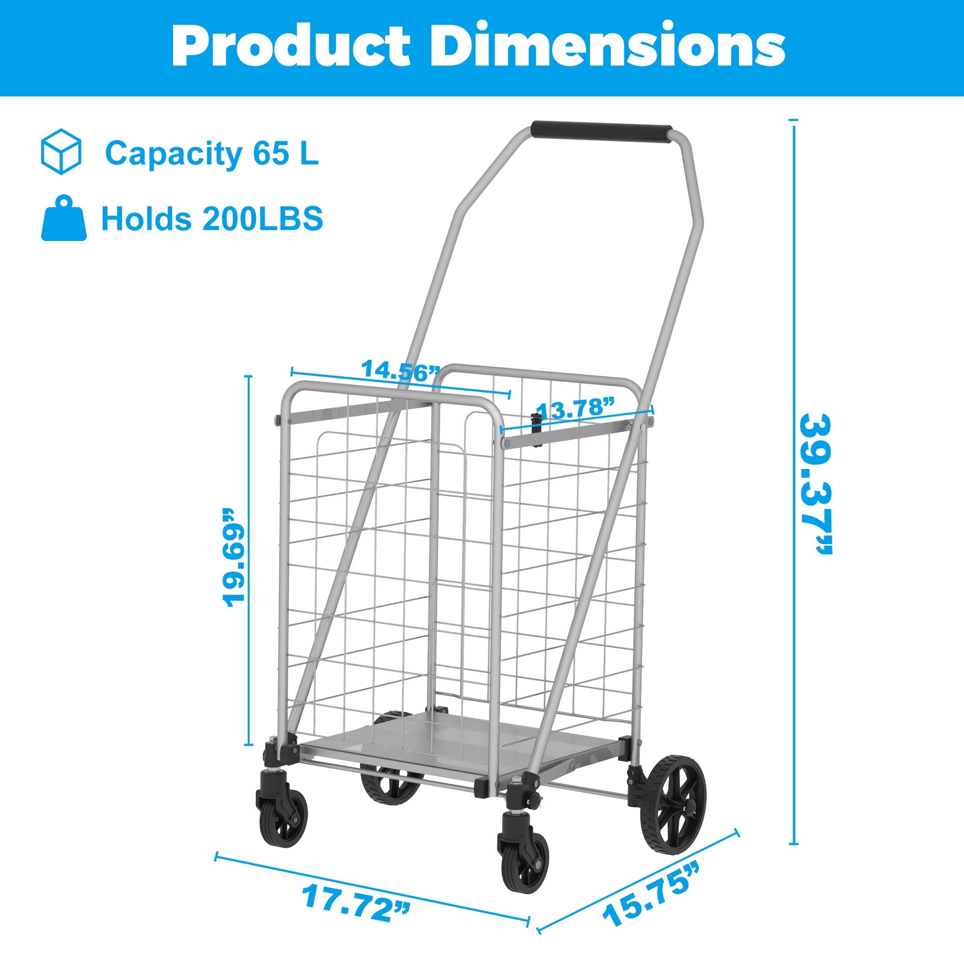 Shopping Cart with Shelf,Grocery Cart on Wheels, Foldable Utility Shopping Carts with Double Basket and 360° Rolling Swivel Wheels for Groceries Laundry,Grey