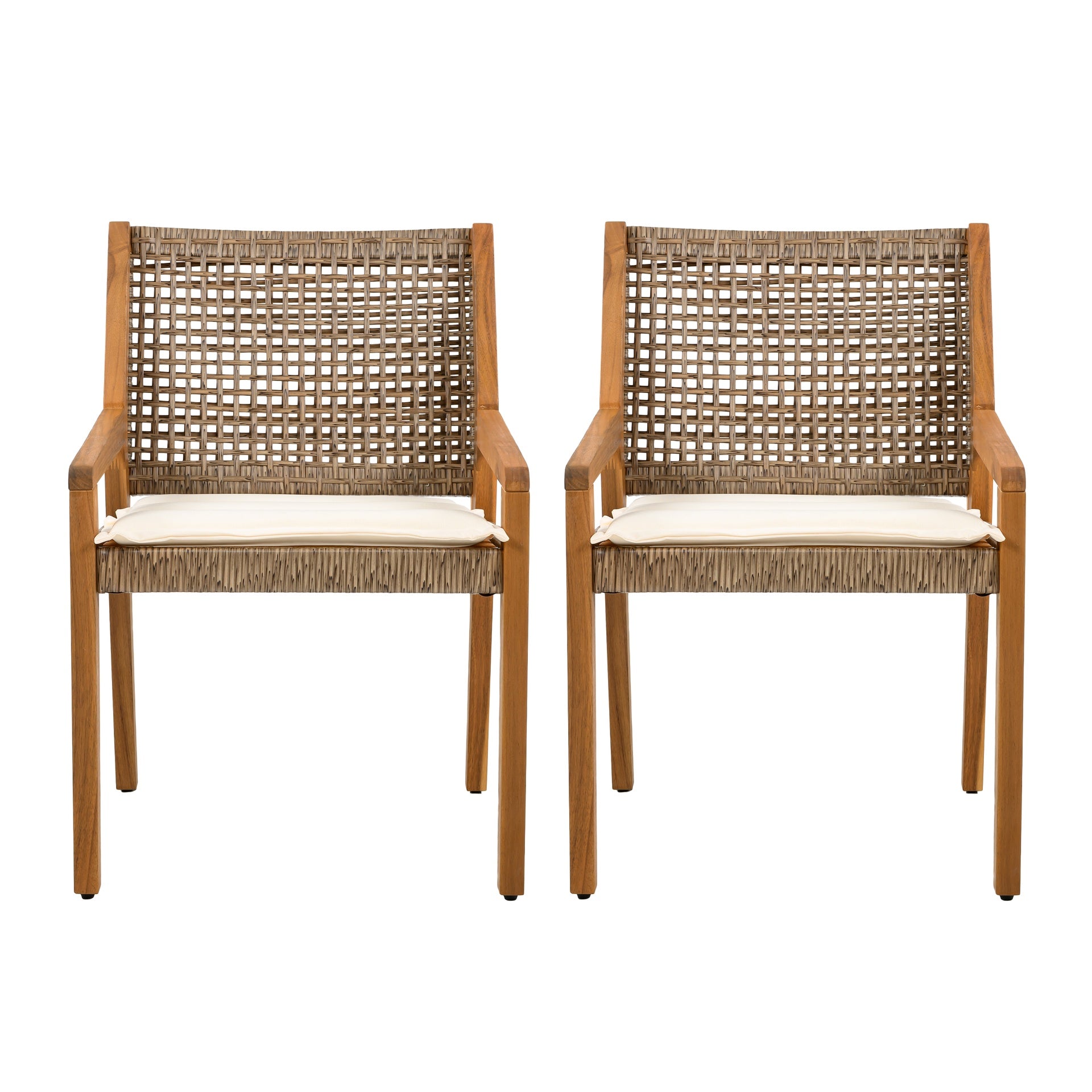 OUTDOOR DINING CHAIR SET-Acacia Wood and Wicker with Cream Cushion Patio Furniture-Teak finish & wicke Brown ,Suitable for large gatherings-set of 4(N770P272397G(2-box))