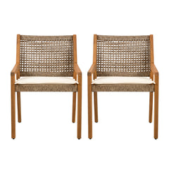 OUTDOOR DINING CHAIR SET-Acacia Wood and Wicker with Cream Cushion Patio Furniture-Teak finish & wicke Brown ,Suitable for large gatherings-set of 4(N770P272397G(2-box))