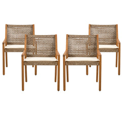 OUTDOOR DINING CHAIR SET-Acacia Wood and Wicker with Cream Cushion Patio Furniture-Teak finish & wicke Brown ,Suitable for large gatherings-set of 4(N770P272397G(2-box))