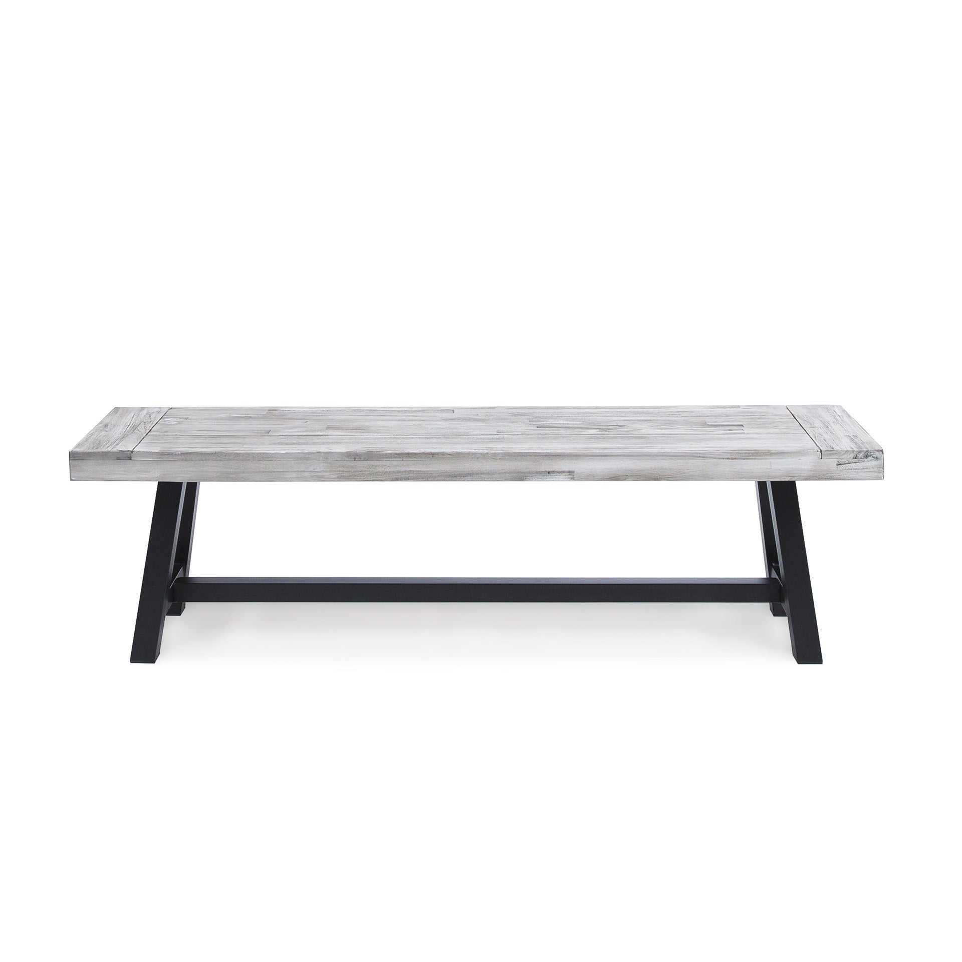 Light Grey Sandblast Finish Acacia Wood Dining Bench with Black Rustic Metal Finish Frame