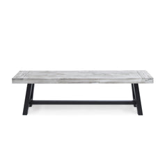 Light Grey Sandblast Finish Acacia Wood Dining Bench with Black Rustic Metal Finish Frame