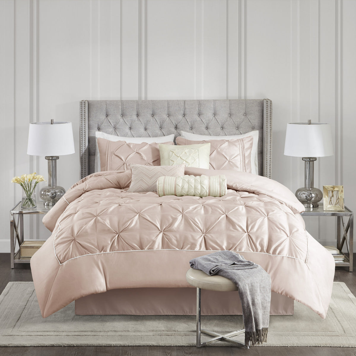 7-Piece Queen 100% Polyester Pieced Pleated Tufted Comforter Set