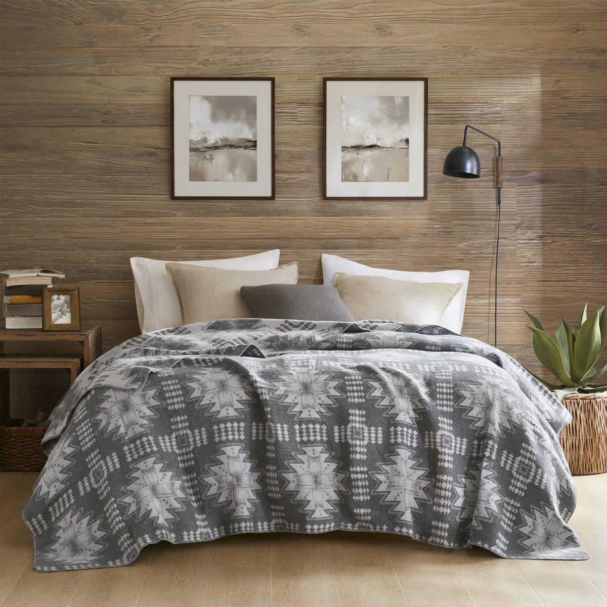 1-Piece Twin Cotton Blend Blanket, Grey Aztec