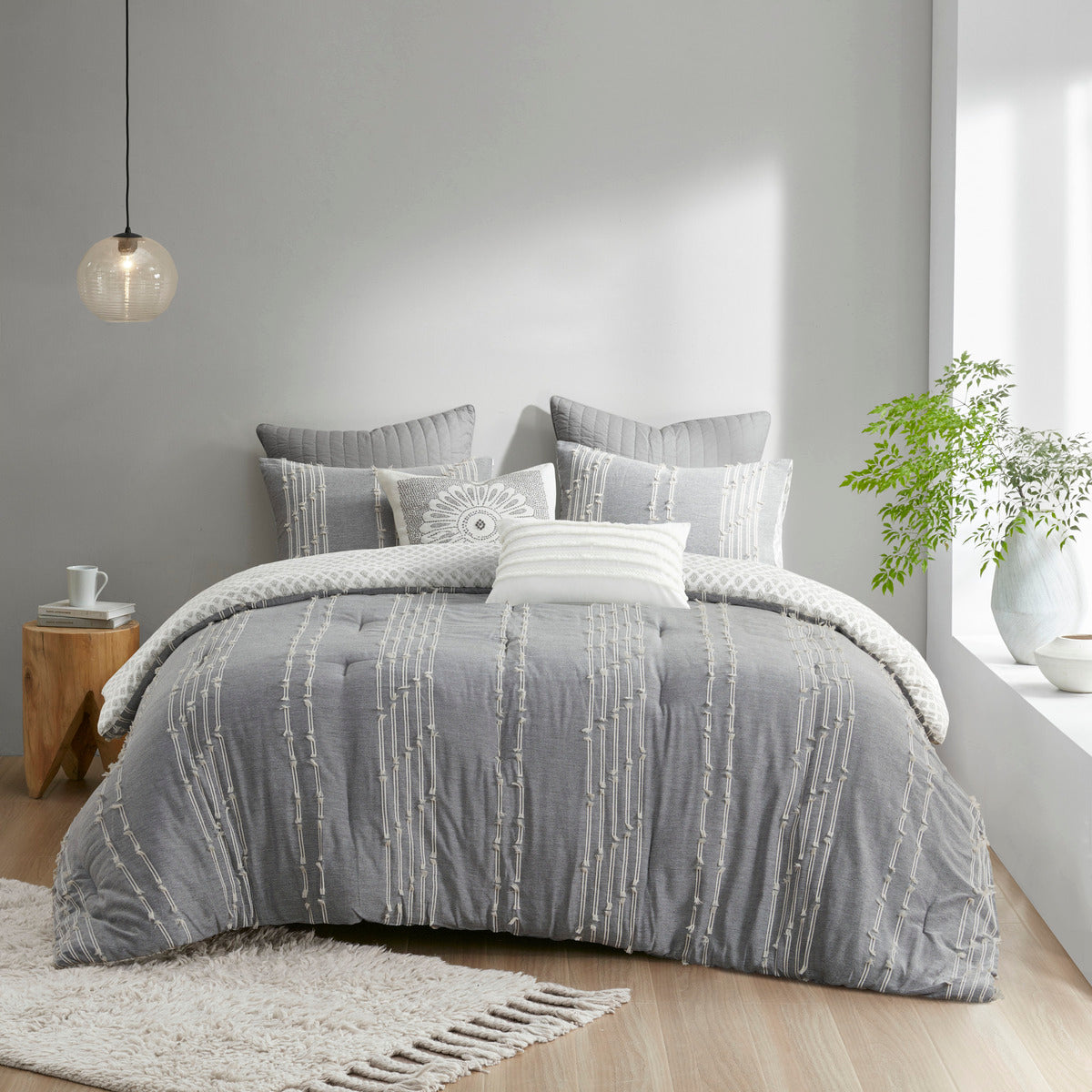 3 Piece Cotton Jacquard Comforter Set Gray Full/Queen