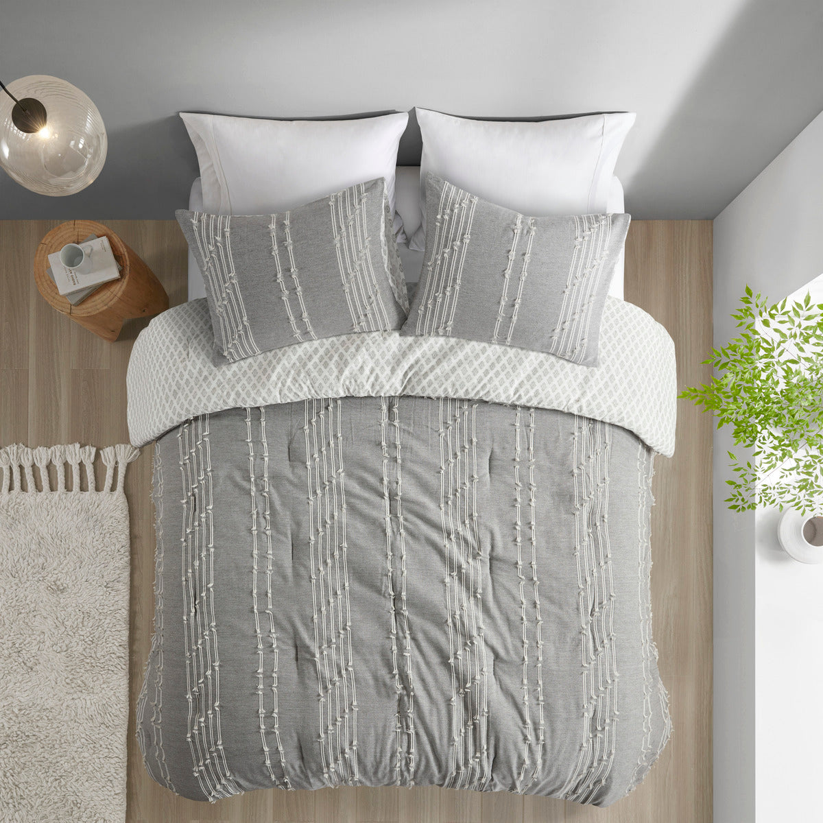 3 Piece Cotton Jacquard Comforter Set Gray Full/Queen