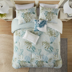 6 Piece Oversized Cotton Comforter Set with Throw Pillow Blue Queen