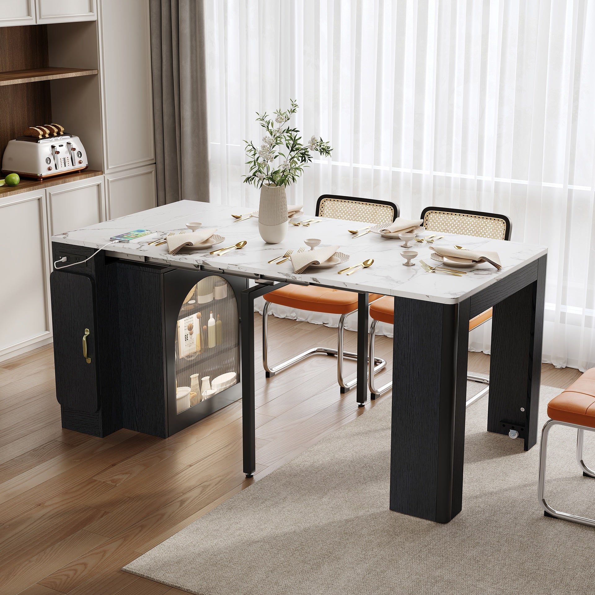 TREXM Extendable Dining Table with 3 Removable Middle Leaves, Mobile Rolling Island Table with Power Outlet, Saving-space Cabinet with Storage for Dining Room and Living Room (BLACK AND MARBLE WHITE)