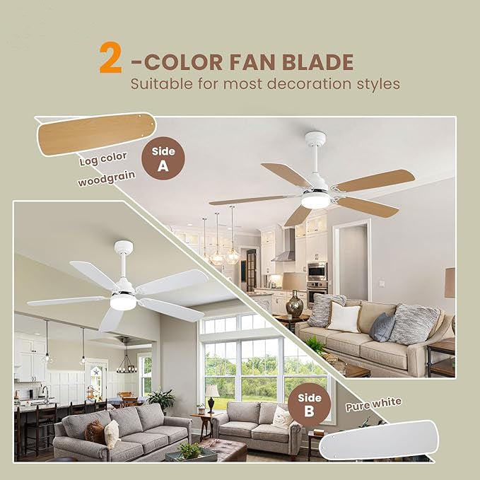 Indoor Modern 52 Inch Ceiling Fan 6 Speed Wind 5 Blades Remote Control Reversible DC Motor With Led Light