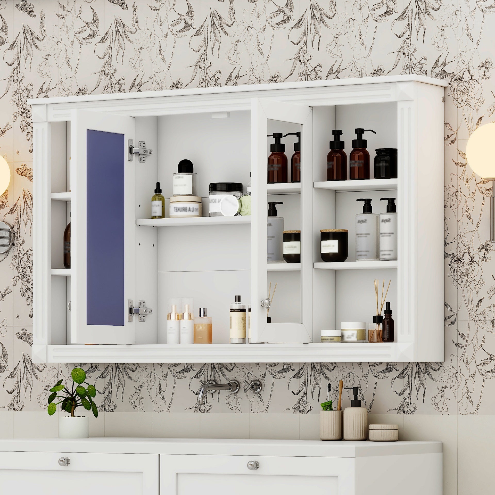 47 Inch Bathroom Mirror Cabinet with Storage, Adjustable Shelf and Open Shelves, Wall Mounted Medicine Cabinet for Bathroom, Bedroom, Vanity