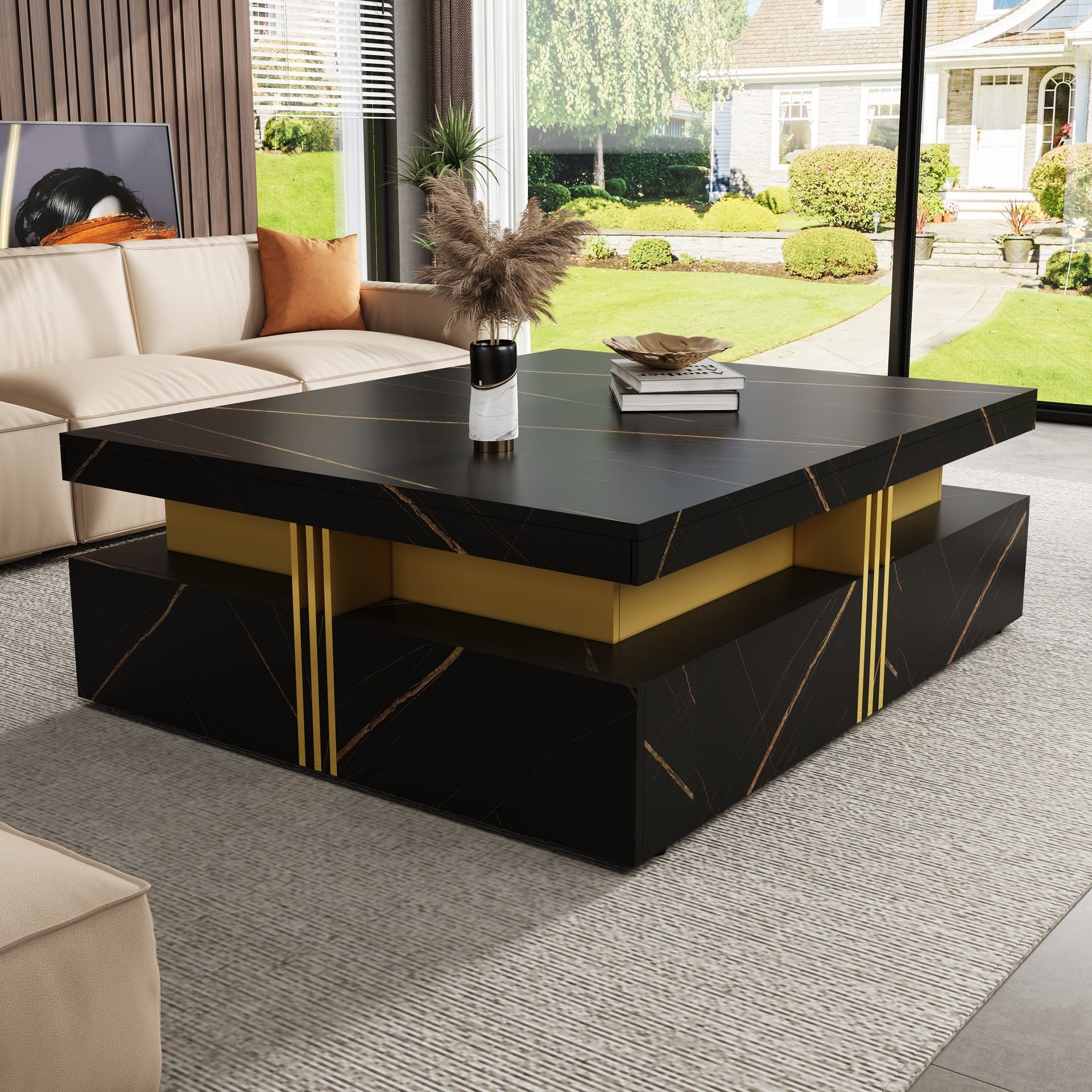 Modern Black Square Storage Coffee Table With 4 Drawers