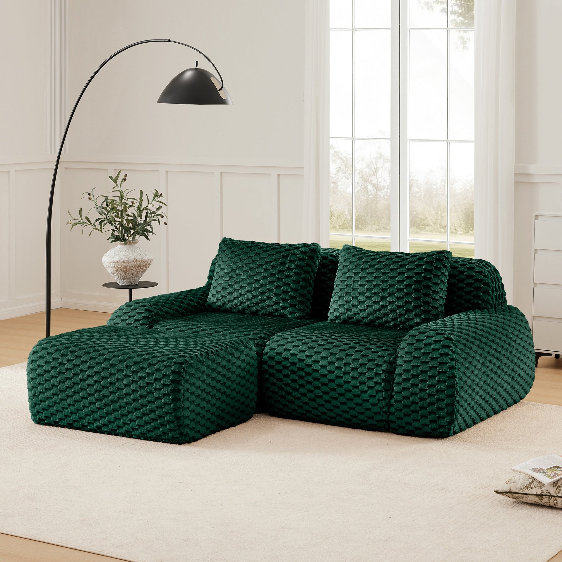 82" Modern L-Shaped Modular Sectional Sofa for Living Room,Flannelette Fabric,Oversized 2-Seater Couch,Deep Seat,Boneless sofa,Movable Ottoman,Buckle connection,Anti-slip Design,No Assembly,Green
