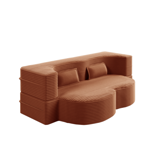 Modern Floor Sofa with 2 Pillows,Convertible Plush Corduroy Foam-Filled Sleeper Sofa Bed,15" Full Size Folding Mattress for Living Room,Guest Bed,no assembly required,Orange