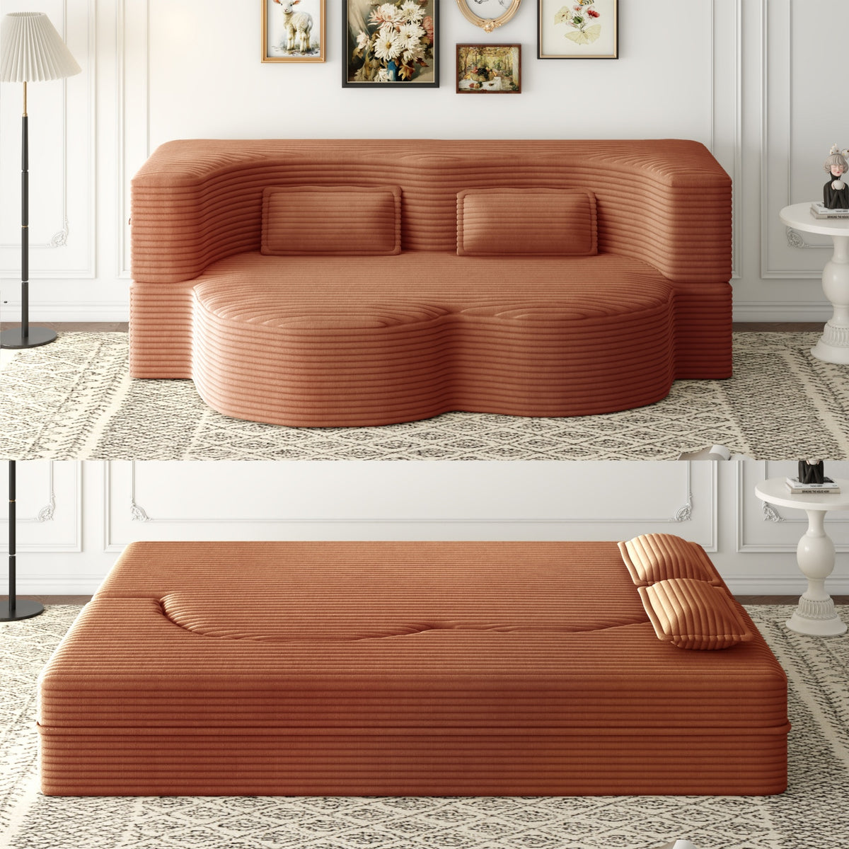 Modern Floor Sofa with 2 Pillows,Convertible Plush Corduroy Foam-Filled Sleeper Sofa Bed,15" Full Size Folding Mattress for Living Room,Guest Bed,no assembly required,Orange