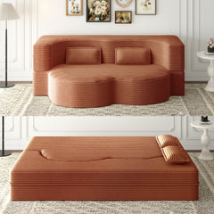 Modern Floor Sofa with 2 Pillows,Convertible Plush Corduroy Foam-Filled Sleeper Sofa Bed,15" Full Size Folding Mattress for Living Room,Guest Bed,no assembly required,Orange