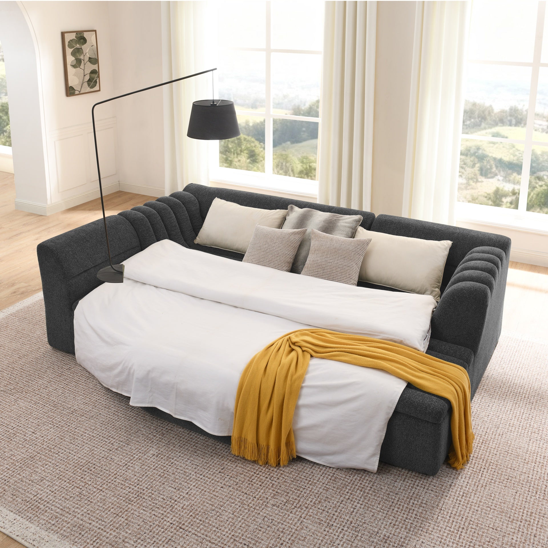 135" U-Shaped Modular Sectional Sofa with Chaise and Movable Ottoman for Living Room, Chenille Upholstered Boneless Couches with Wave-Shaped Armrest, No Pillows Included