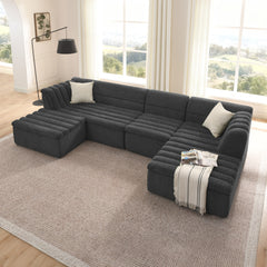135" U-Shaped Modular Sectional Sofa with Chaise and Movable Ottoman for Living Room, Chenille Upholstered Boneless Couches with Wave-Shaped Armrest, No Pillows Included
