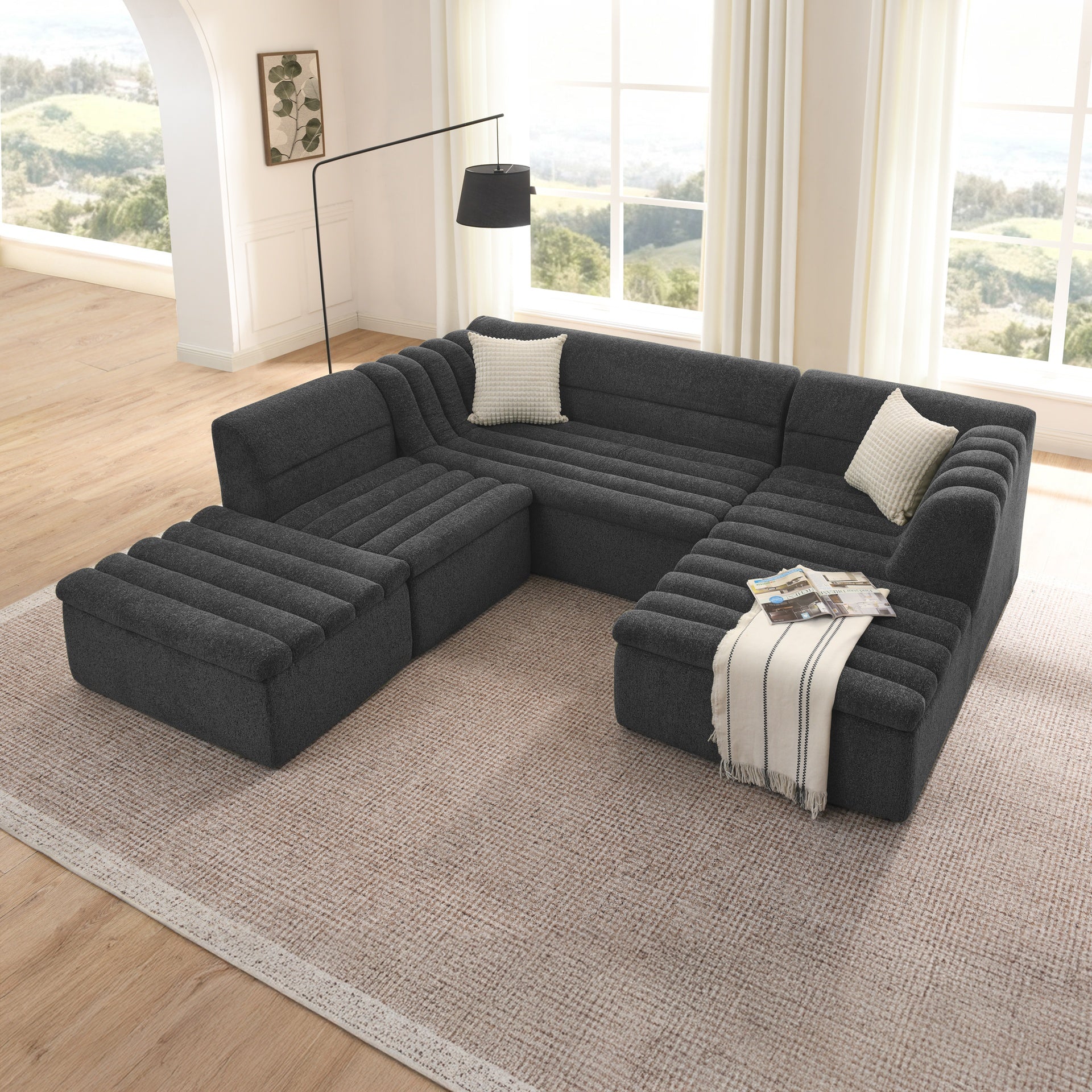 135" U-Shaped Modular Sectional Sofa with Chaise and Movable Ottoman for Living Room, Chenille Upholstered Boneless Couches with Wave-Shaped Armrest, No Pillows Included