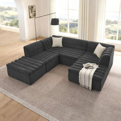 135" U-Shaped Modular Sectional Sofa with Chaise and Movable Ottoman for Living Room, Chenille Upholstered Boneless Couches with Wave-Shaped Armrest, No Pillows Included