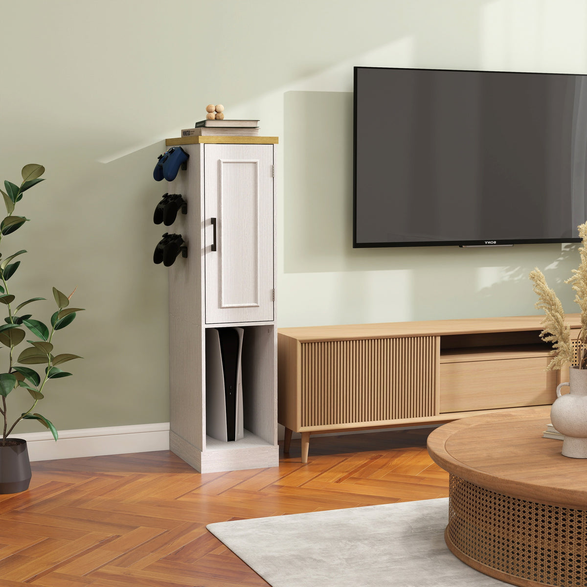 44.49" Slim AV Media Stand Game Console Stand, Media Storage Cabinet with 2 built-in Drawers and 3 Hooks, Game Console Storage Cabinet for PS5 and Xbox-Antique White