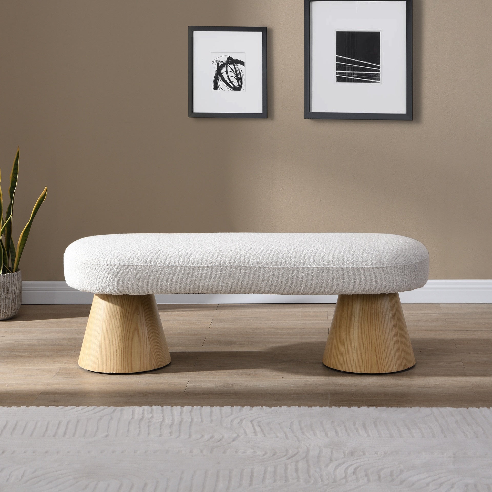 Dining Bench for Dining Room, Upholstered Bedroom End of Bed Entryway Bench Fabric Ottoman for Living Room, Beige Stool Top Wood Leg 300 LBS Weight Capacity