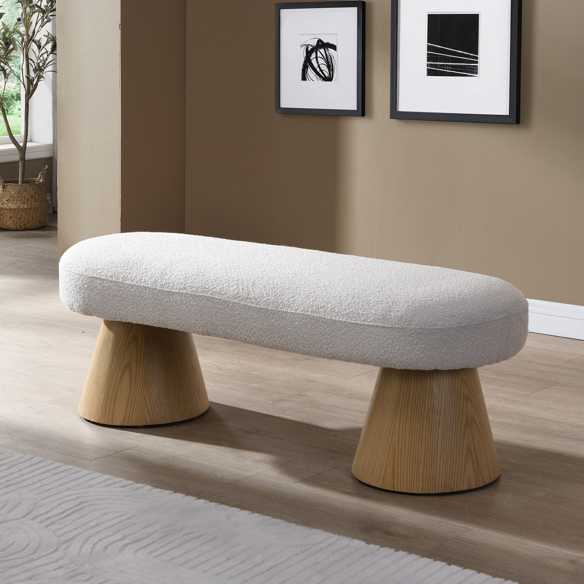 Dining Bench for Dining Room, Upholstered Bedroom End of Bed Entryway Bench Fabric Ottoman for Living Room, Beige Stool Top Wood Leg 300 LBS Weight Capacity