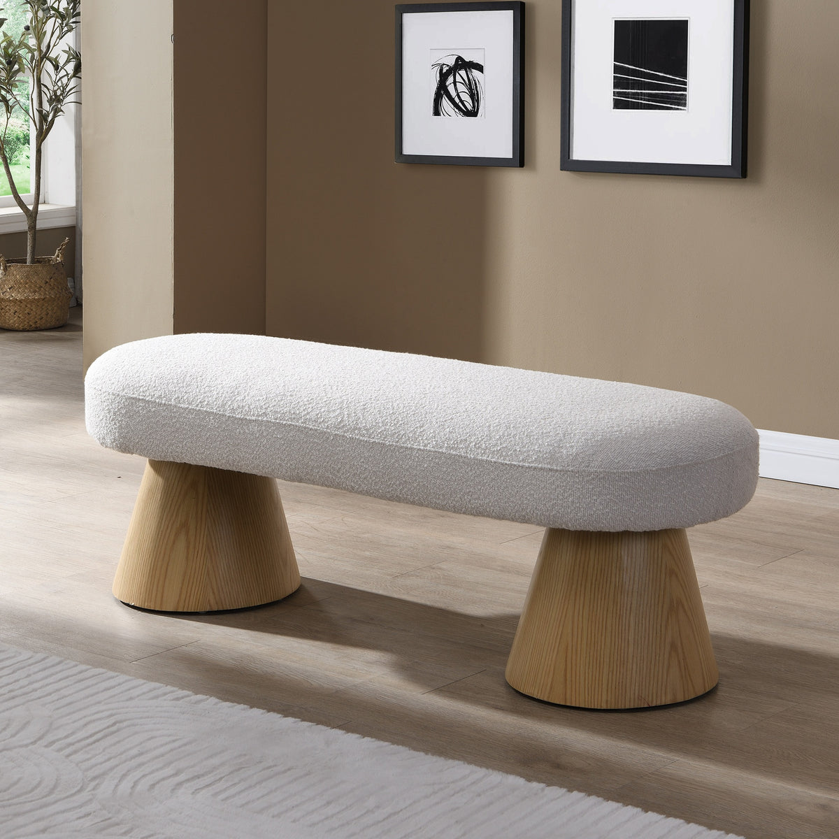 Dining Bench for Dining Room, Upholstered Bedroom End of Bed Entryway Bench Fabric Ottoman for Living Room, Beige Stool Top Wood Leg 300 LBS Weight Capacity