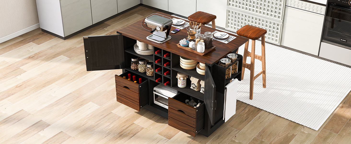 K&K 54" Farmhouse Kitchen Island with Drop Leaf, Power Outlet, Kitchen Storage Cart with 2 Doors, 2 Drawers, Rolling Kitchen Island on 4 Large Wheels with Spice Rack for Kitchen, Dining Room, Black