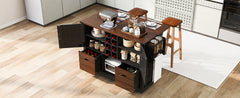 K&K 54" Farmhouse Kitchen Island with Drop Leaf, Power Outlet, Kitchen Storage Cart with 2 Doors, 2 Drawers, Rolling Kitchen Island on 4 Large Wheels with Spice Rack for Kitchen, Dining Room, Black