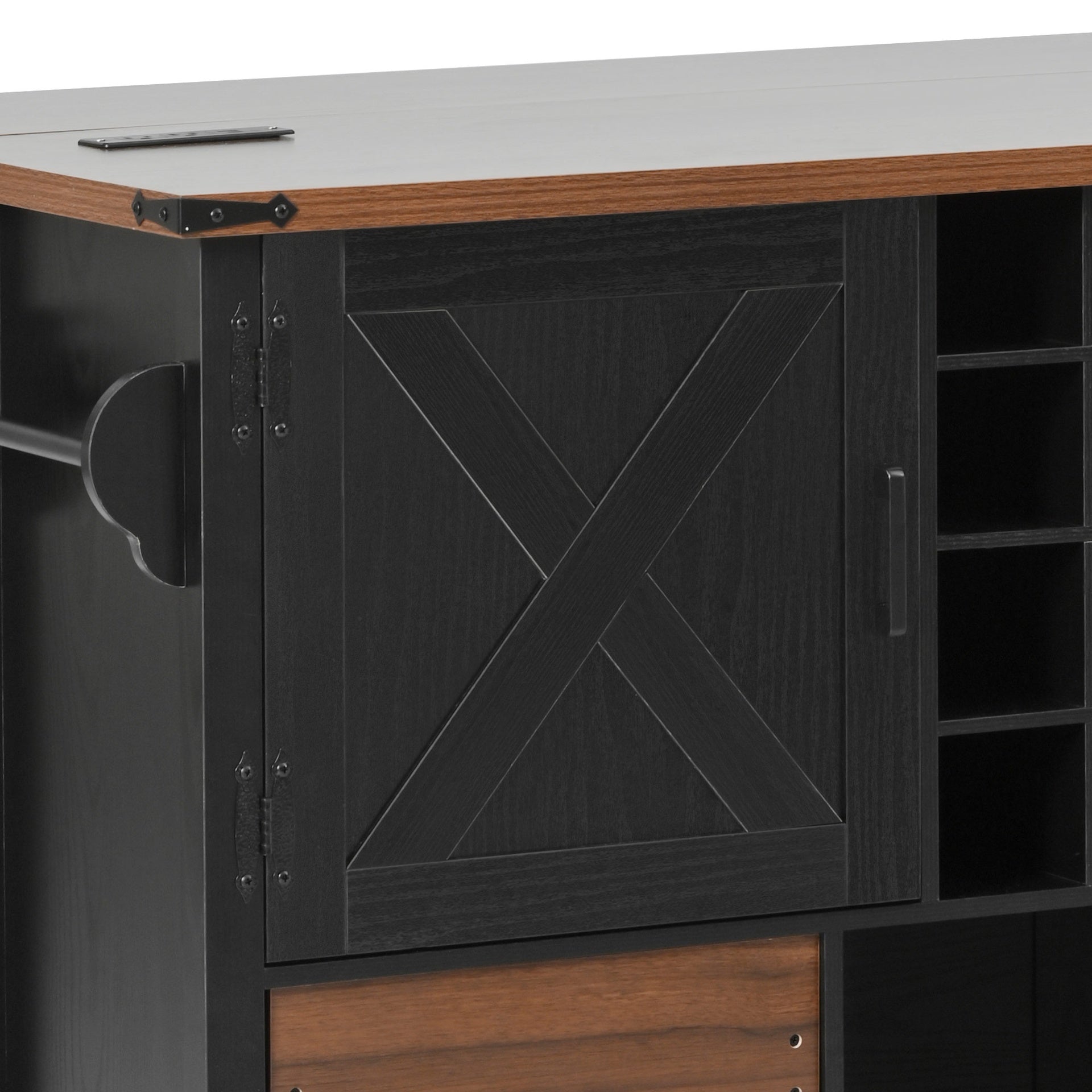 K&K 54" Farmhouse Kitchen Island with Drop Leaf, Power Outlet, Kitchen Storage Cart with 2 Doors, 2 Drawers, Rolling Kitchen Island on 4 Large Wheels with Spice Rack for Kitchen, Dining Room, Black