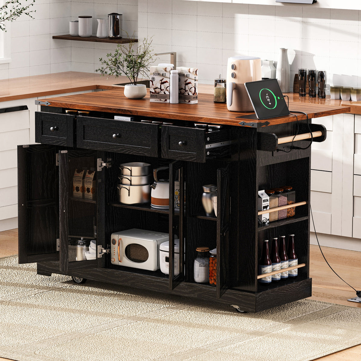 K&K 53'' Farmhouse Kitchen Island with Two Tempered Glass Cabinet Doors, Power Outlet, Rolling Kitchen Cart on Wheels with Drop Leaf, 5 Open Side Racks, 3 Drawers, for Kitchen, Dining Room, Black
