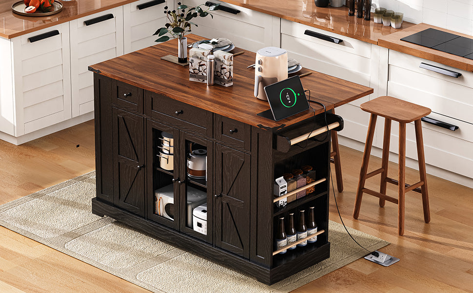 K&K 53'' Farmhouse Kitchen Island with Two Tempered Glass Cabinet Doors, Power Outlet, Rolling Kitchen Cart on Wheels with Drop Leaf, 5 Open Side Racks, 3 Drawers, for Kitchen, Dining Room, Black