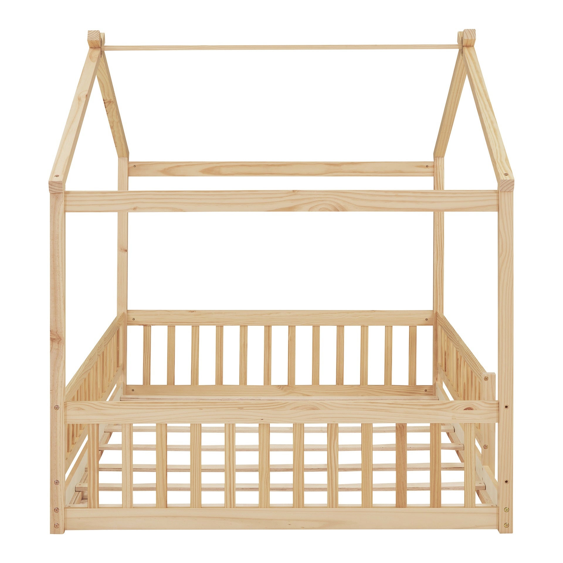 Full Size Wood Bed House Bed Frame with Fence, for Kids, Teens, Girls, Boys,Natural