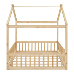 Full Size Wood Bed House Bed Frame with Fence, for Kids, Teens, Girls, Boys,Natural